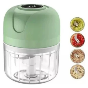 Picador eléctrico verde y transparente con cuchillas de acero, ideal para picar ajo, chile y especias.