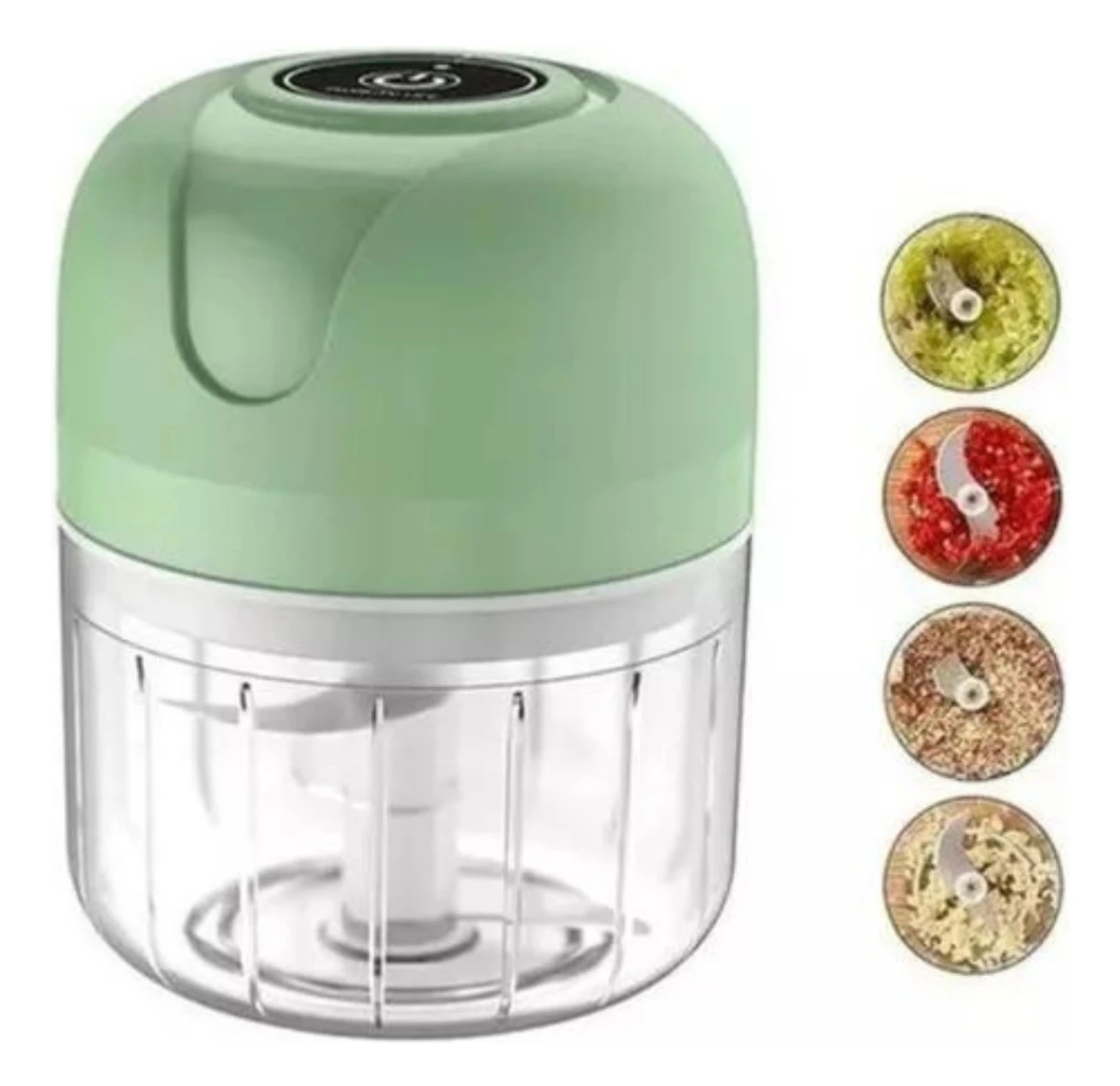 Picador eléctrico verde y transparente con cuchillas de acero, ideal para picar ajo, chile y especias.