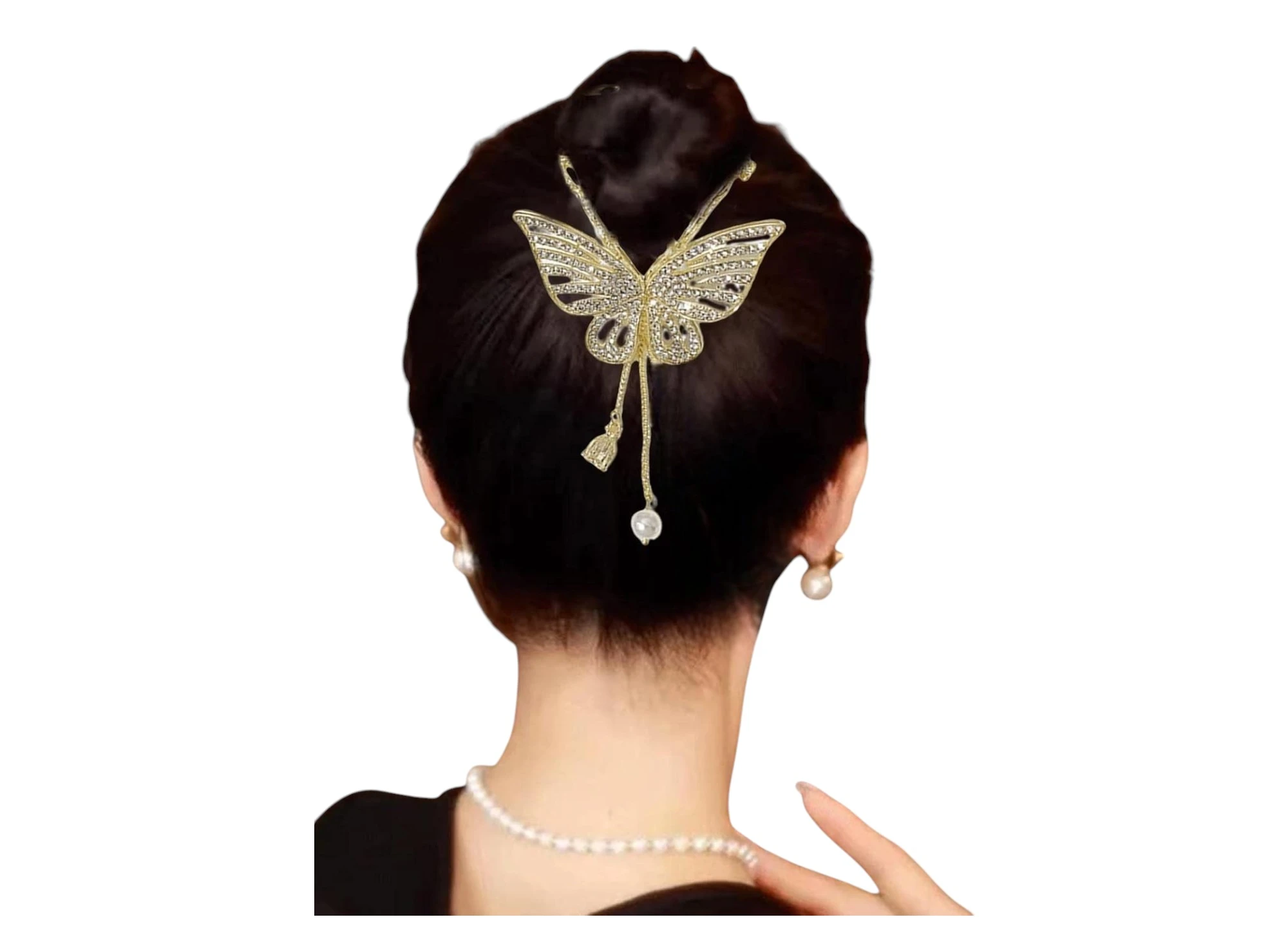 Pinza mariposa dorada con pedrería y perlas, para peinados recogidos.