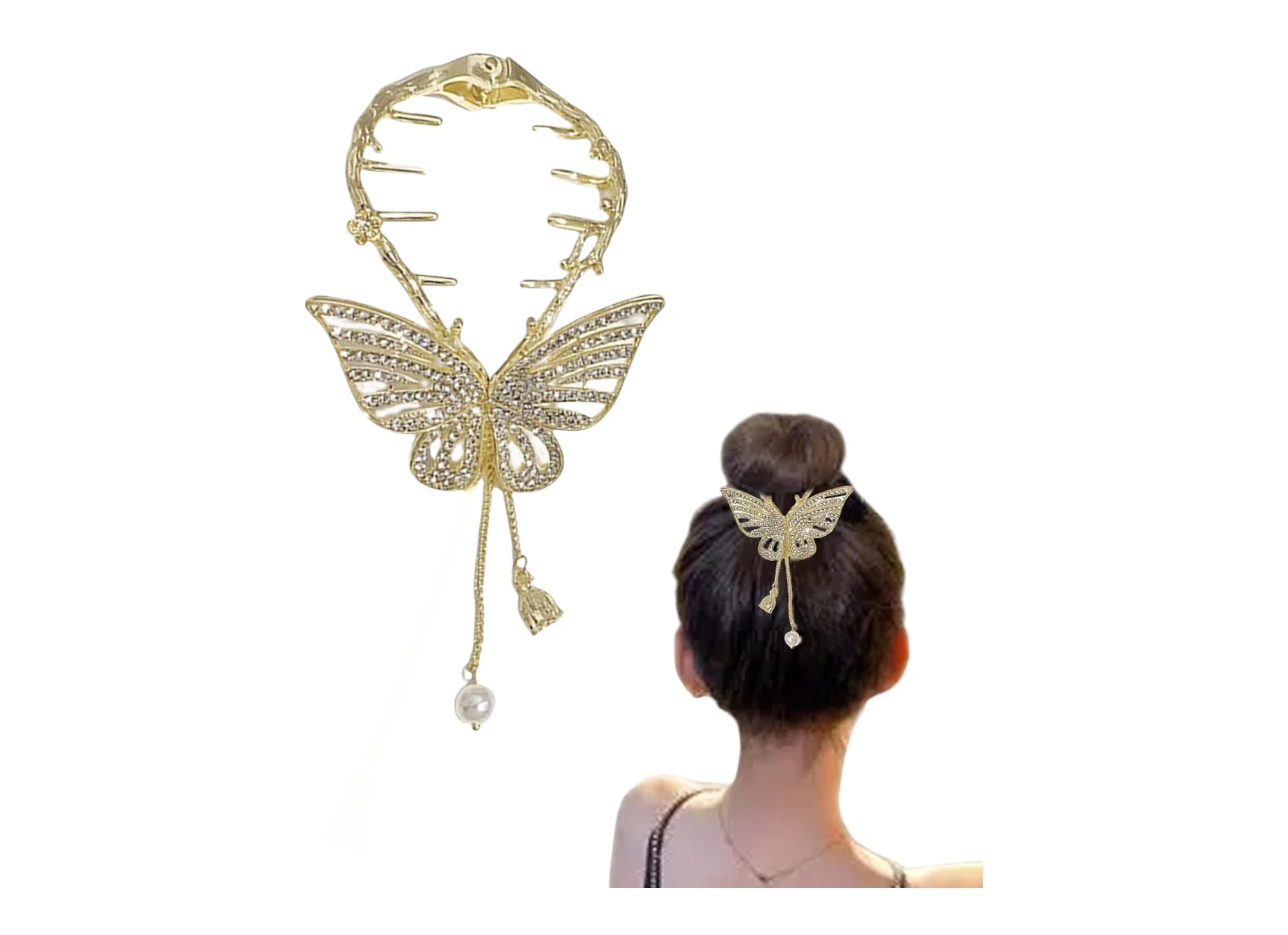 Pinza dorada con mariposa de pedrería y perlas, ideal para coletas y peinados elegantes.