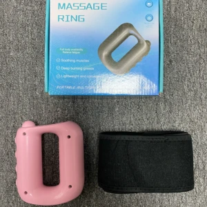 Anillo masajeador corporal rosado con cinturón negro, ideal para aliviar fatiga y músculos.