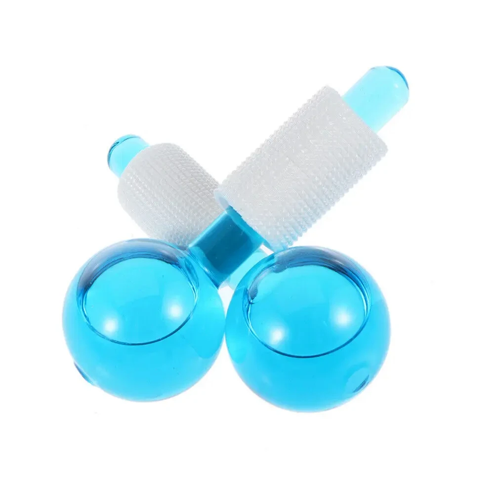 Set x2 masajeador facial bola hielo azul con mangos texturizados blancos.
