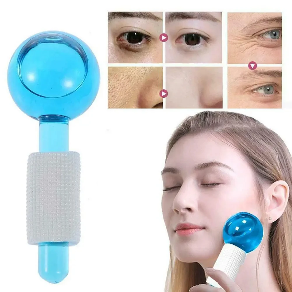Masajeador facial de hielo azul con esfera, ideal para tratamiento de belleza y cuidado de la piel del rostro.