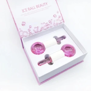 Set x2 masajeadores faciales de hielo para belleza, con esferas rosas y líquido brillante, en caja de regalo.