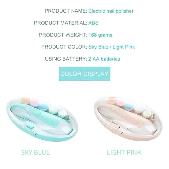 Set de manicura eléctrica para bebé en ABS, disponible en azul cielo o rosa claro, incluye estuche organizador con seis cabezales intercambiables.