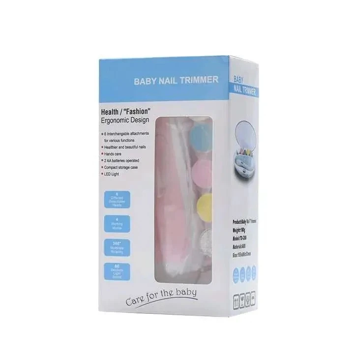 Empaque de cortauñas eléctrico rosa para bebé con estuche organizador, incluye seis cabezales intercambiables de colores y luz LED frontal integrada.