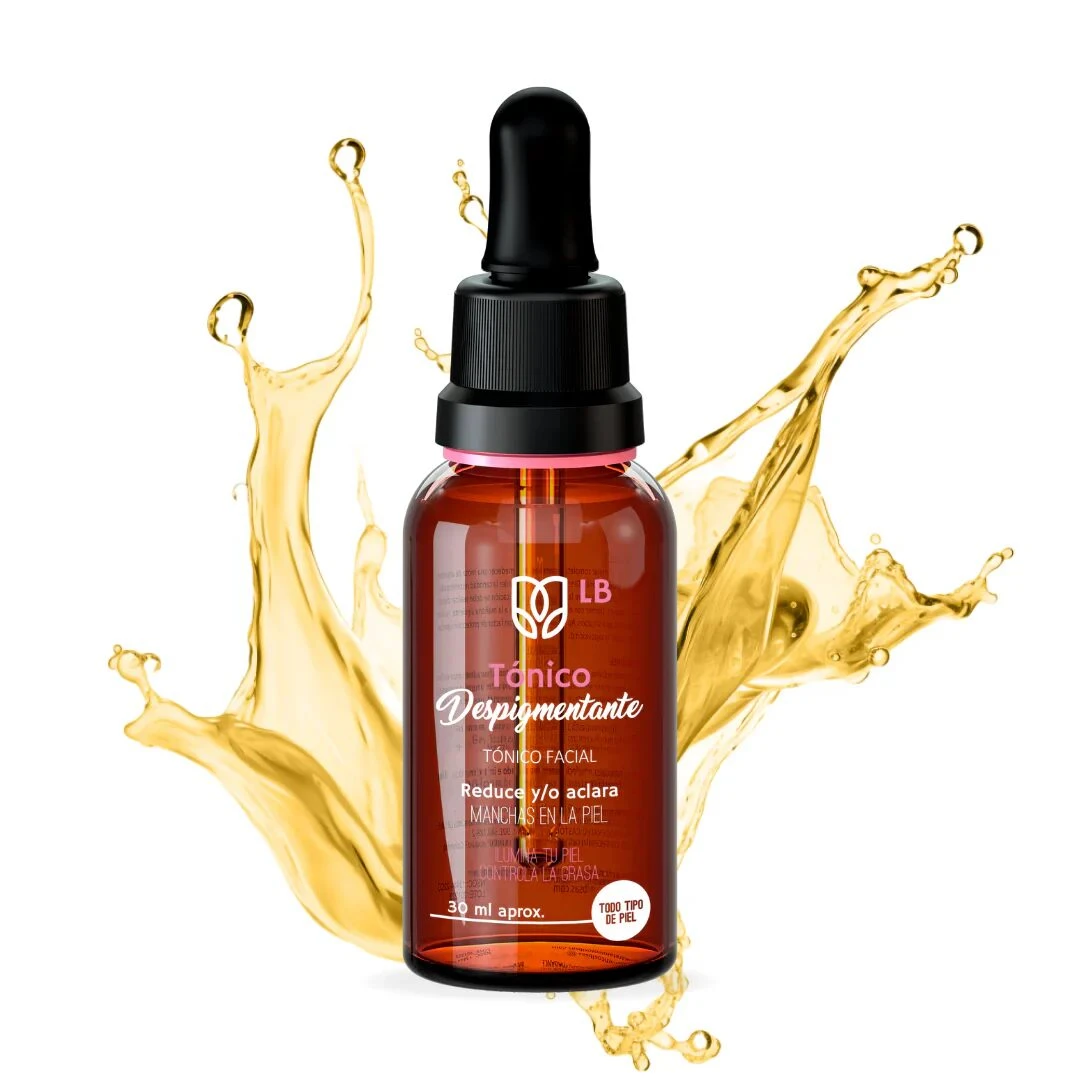 Tónico despigmentante facial LB en frasco de vidrio ámbar con gotero, rodeado por salpicaduras doradas de líquido. Contenido de 30 ml para todo tipo de piel.