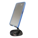 Soporte para celular azul, ajustable, con base negra para escritorio.