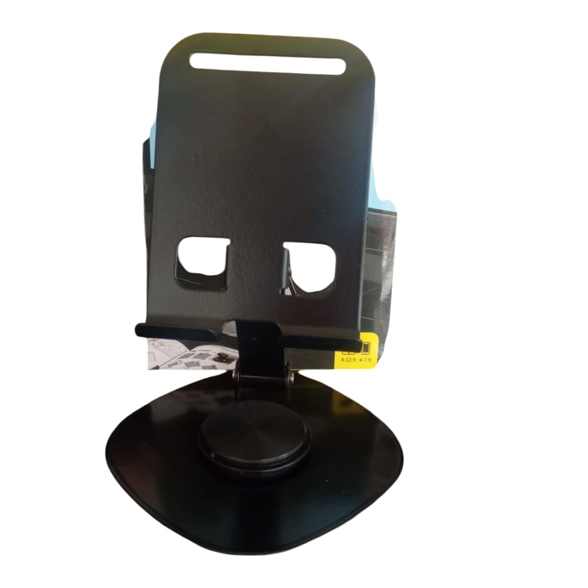 Soporte negro plegable para celular, ideal para escritorio, base giratoria, diseño moderno.