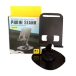 Soporte negro plegable para celular y tablet, con base giratoria y base de caja con de producto.