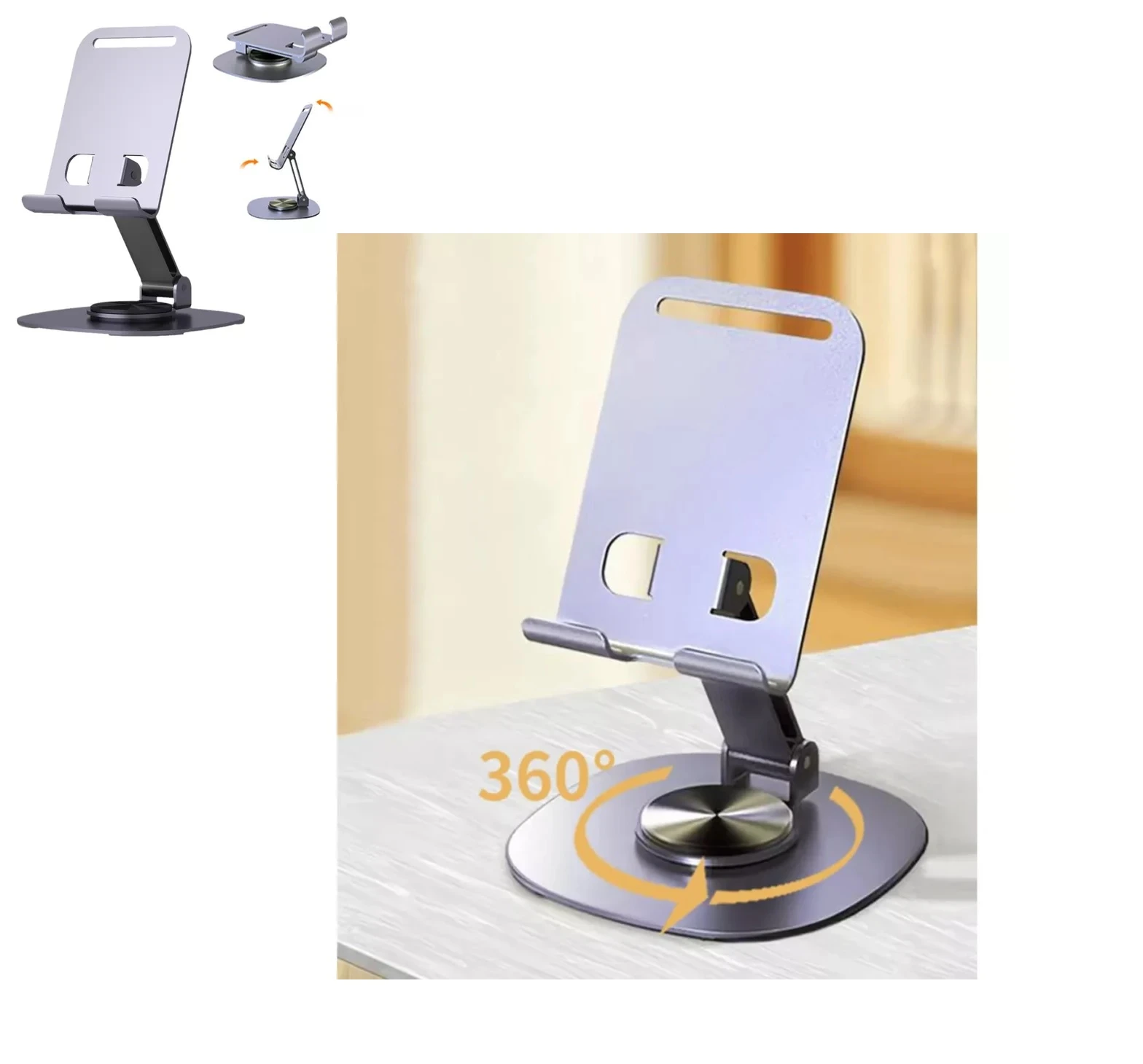 Soporte de celular gris metálico para escritorio, giratorio 360°, con base redonda. Incluye dos unidades.