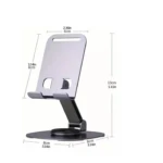 Soporte de celular plateado metálico para escritorio, ajustable, con medidas indicadas.