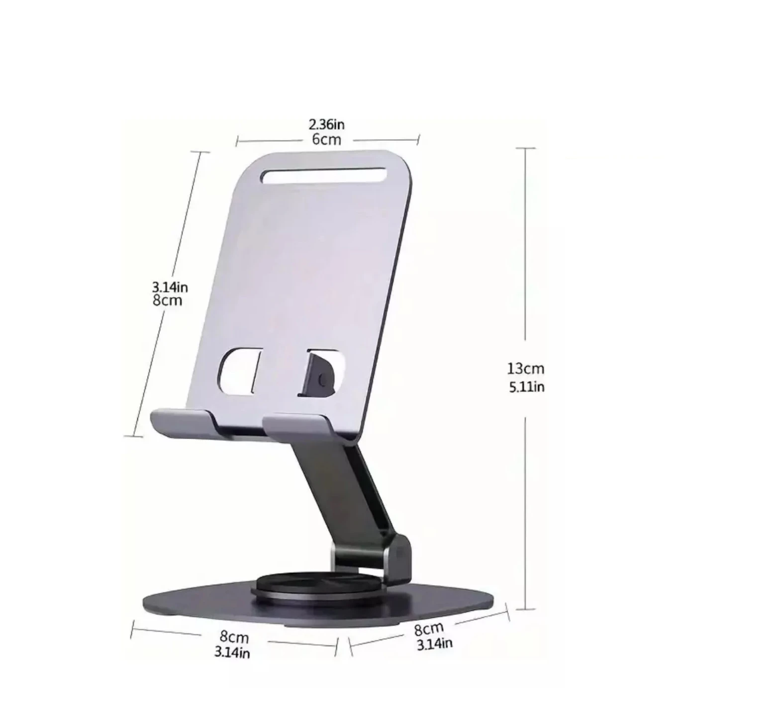 Soporte de celular plateado metálico para escritorio, ajustable, con medidas indicadas.