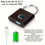 Candado electrónico inteligente negro con sensor de huella dactilar, incluye cable USB y batería verde.