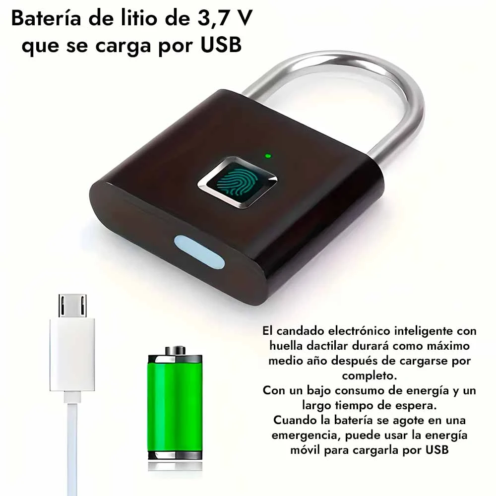 Candado electrónico inteligente negro con sensor de huella dactilar, incluye cable USB y batería verde.