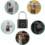 Candado inteligente negro con lector de huella digital, ideal para mochilas y puertas.