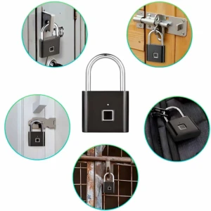 Candado inteligente negro con lector de huella digital, ideal para mochilas y puertas.