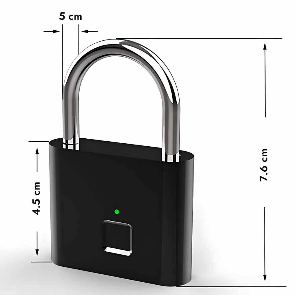 Candado negro inteligente con huella dactilar, aro metálico, mide 7.6 cm alto x 4.5 cm ancho.