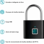 Candado inteligente negro para mochila, carga USB, desbloqueo por huella dactilar y alerta de batería baja.
