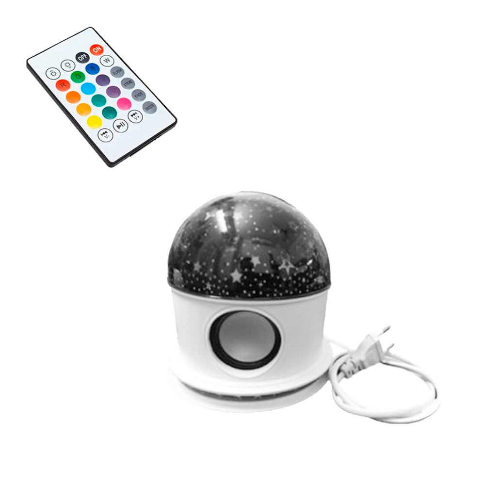 Lámpara proyector de estrellas con altavoz Bluetooth y mando a distancia, base blanca con altavoz circular y cable de conexión a corriente integrado.