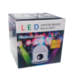 Empaque cuadrado de cartón para lámpara LED Crystal Magic Ball con bocina Bluetooth, muestra la esfera de luz sobre base blanca y gráficos musicales.