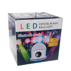 Empaque cuadrado de cartón para lámpara LED Crystal Magic Ball con bocina Bluetooth, muestra la esfera de luz sobre base blanca y gráficos musicales.
