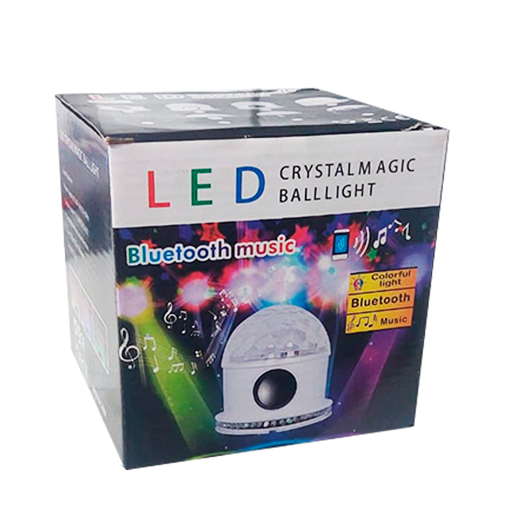 Empaque cuadrado de cartón para lámpara LED Crystal Magic Ball con bocina Bluetooth, muestra la esfera de luz sobre base blanca y gráficos musicales.