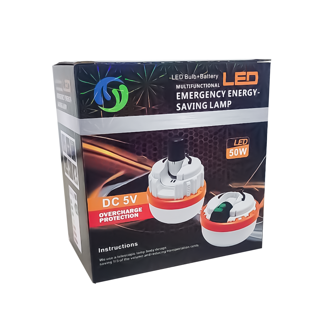 Caja de cartón con lámpara LED de emergencia 50W, diseño telescópico blanco y naranja, especificación DC 5V con protección contra sobrecarga.