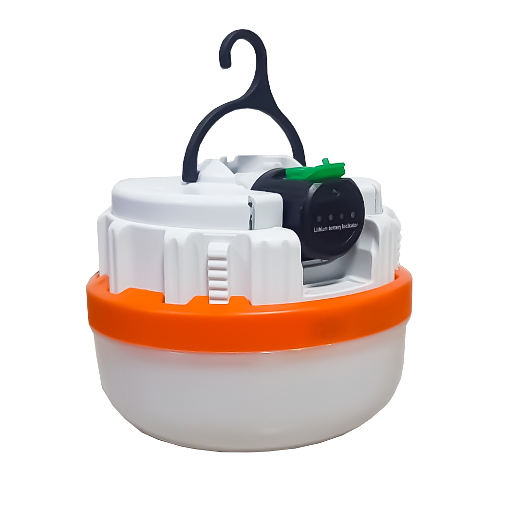 Lámpara de emergencia recargable YY-9017, diseño compacto blanco con base naranja, gancho superior y panel frontal con indicador de carga de batería.