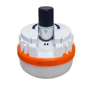 Lámpara de emergencia recargable YY-9017, diseño compacto color blanco con borde naranja, estructura cilíndrica y conector superior retráctil.