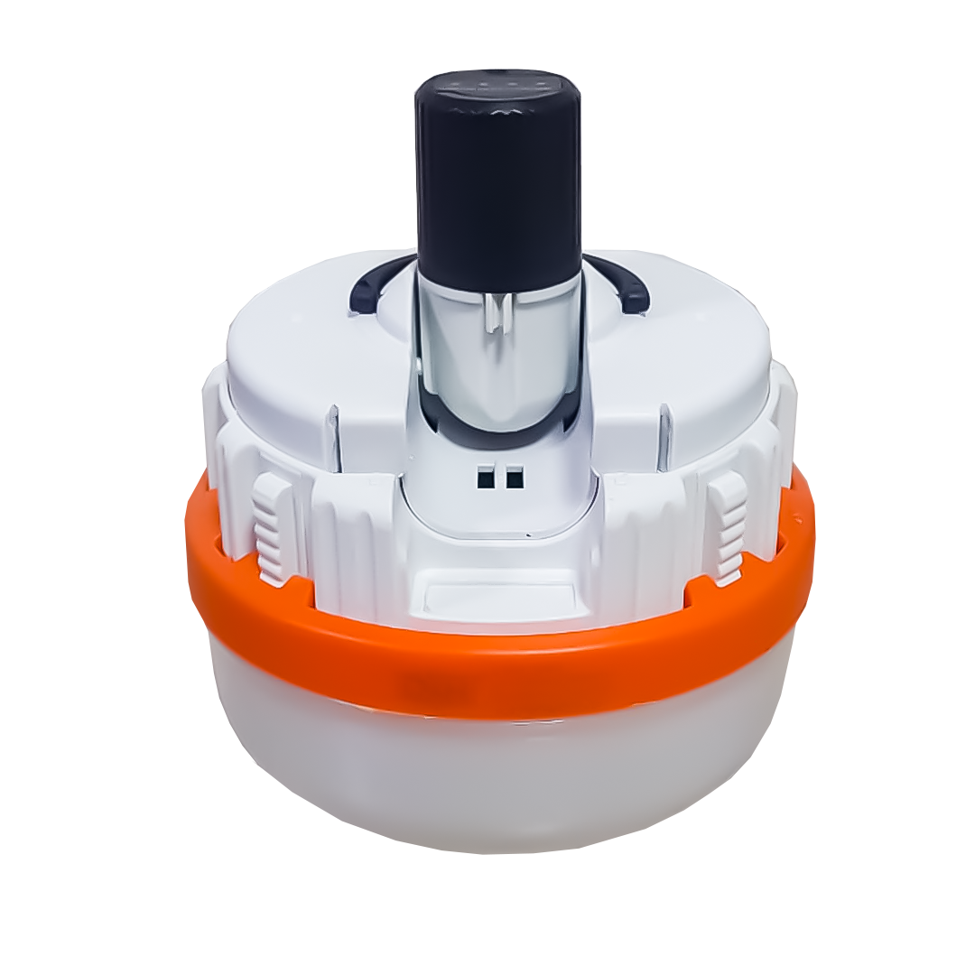 Lámpara de emergencia recargable YY-9017, diseño compacto color blanco con borde naranja, estructura cilíndrica y conector superior retráctil.