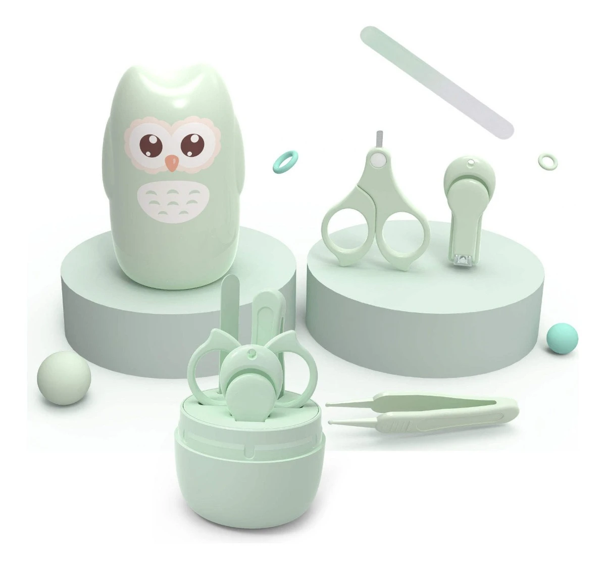 Kit de cuidado de uñas para bebé en color menta con tijeras, cortaúñas, lima y pinzas, todo en un adorable estuche de búho.
