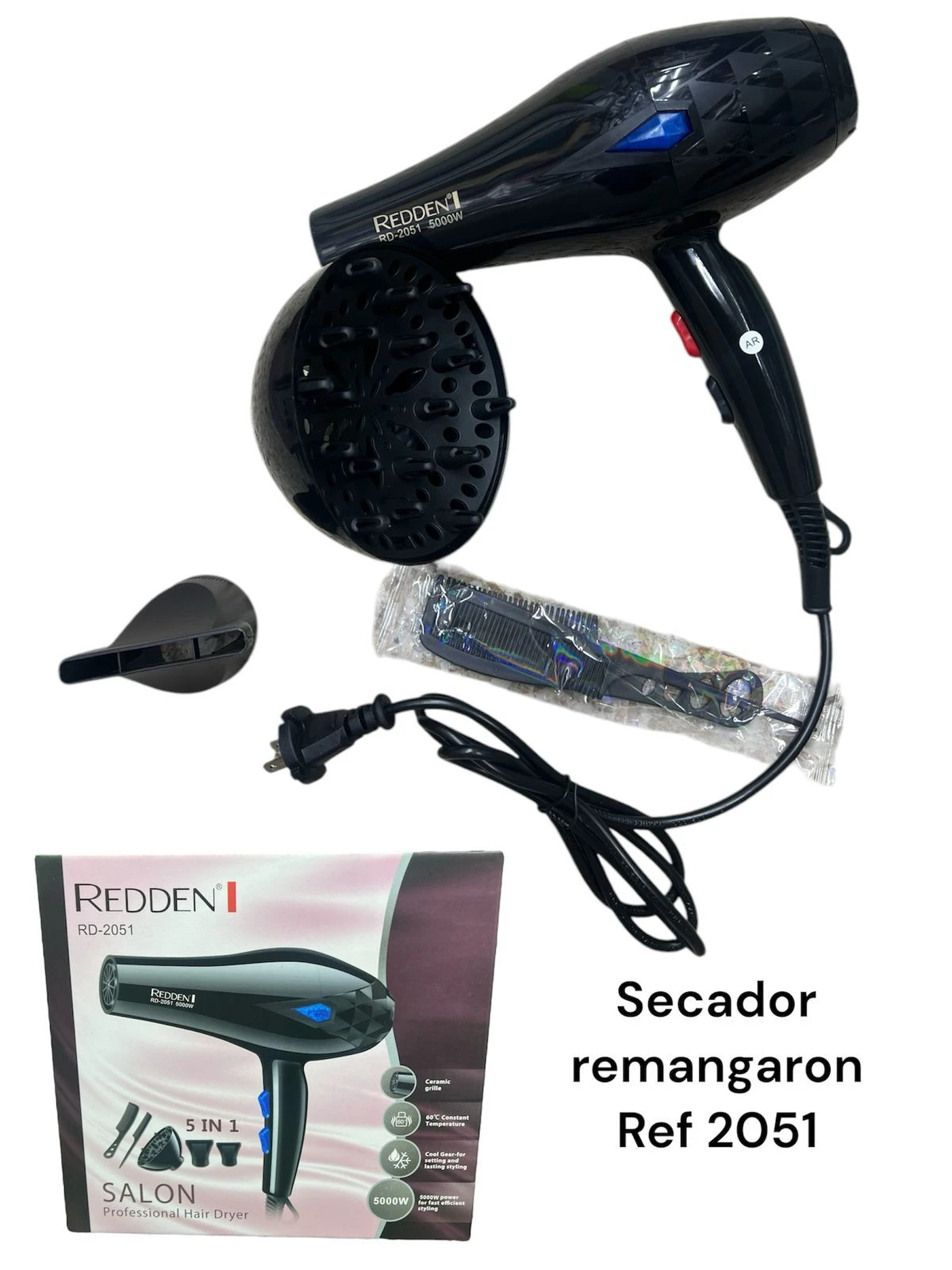Secador de cabello profesional Redden RD-2051 negro 5000W, con difusor, peine y caja.
