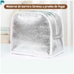 Lonchera térmica plateada, diseño tipo arco, material barrera térmica a prueba de fugas.