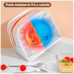 Lonchera térmica plateada con aislamiento de calor/frío. Ideal para mantener alimentos a temperatura.