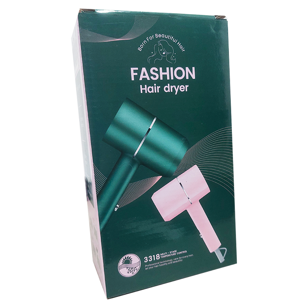Caja de secadora portátil "Fashion Hair dryer" verde, con de secadora rosa y verde.