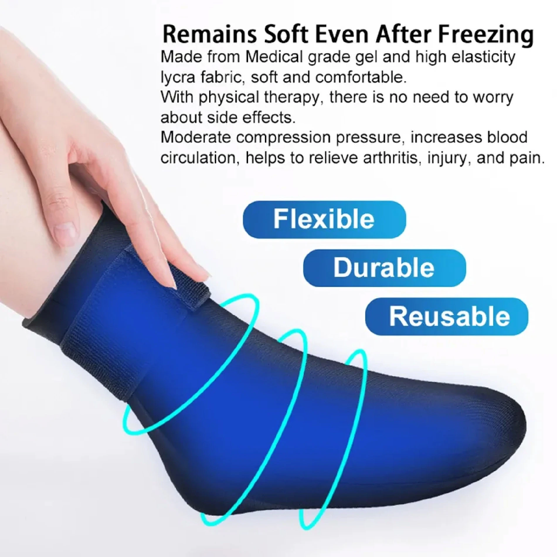 Media terapéutica de gel azul para pies y tobillos, flexible y reutilizable, que alivia el dolor.