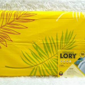 Juego de sábanas Lory doble amarillo con estampado de hojas verdes y rojas, 180 hilos.