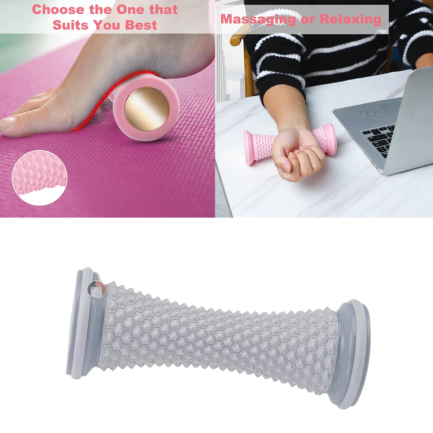 Rodillo masajeador estimulador gris con diseño hexagonal y bordes blancos, ideal para pies y manos, usado en yoga y relajación.