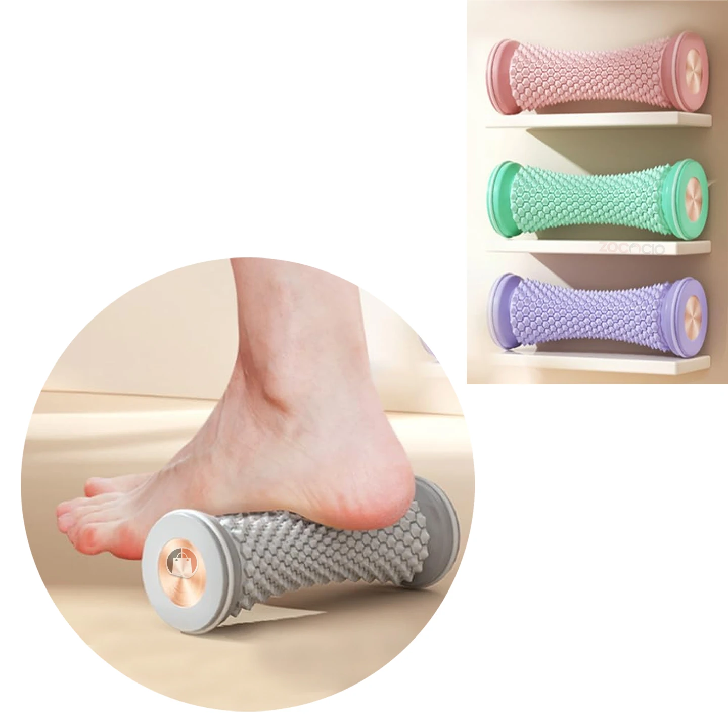 Rodillo masajeador gris para pies, con textura hexagonal y detalles en cobre, usado en terapia para alivio.