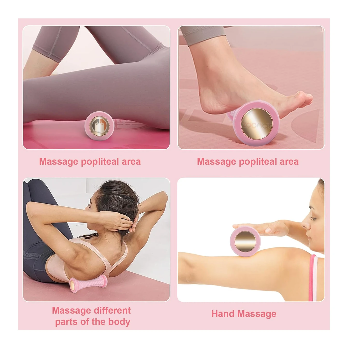 Rodillo masajeador rosa para muslos, pies, espalda y brazos, ideal para terapia y recuperación muscular.