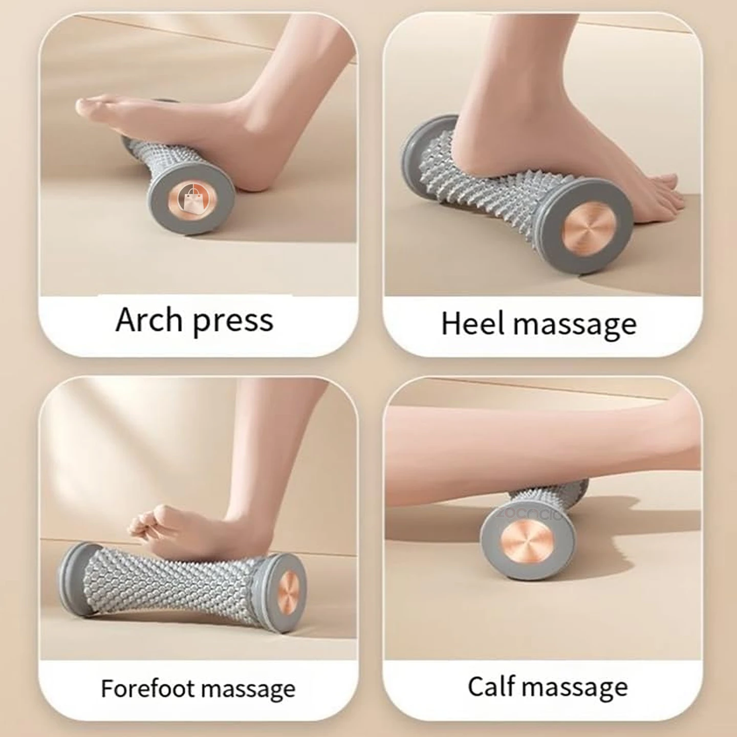 Rodillo masajeador gris con puntos de presión para arch, talón, antepié y pantorrilla.