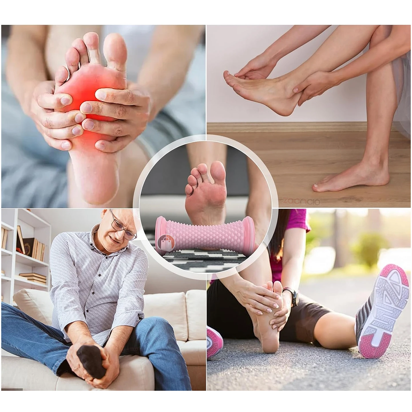 Rodillo masajeador de pies rosa con textura, utilizado para aliviar el dolor de pies.