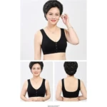 Brasier negro sin costura con botones frontales, mostrado de frente y espalda en modelo adulta.