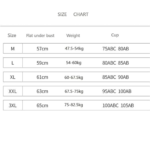 Tabla de tallas de brasier sujetador sin costura: M, L, XL, XXL, 3XL con medidas de busto, peso y copa.