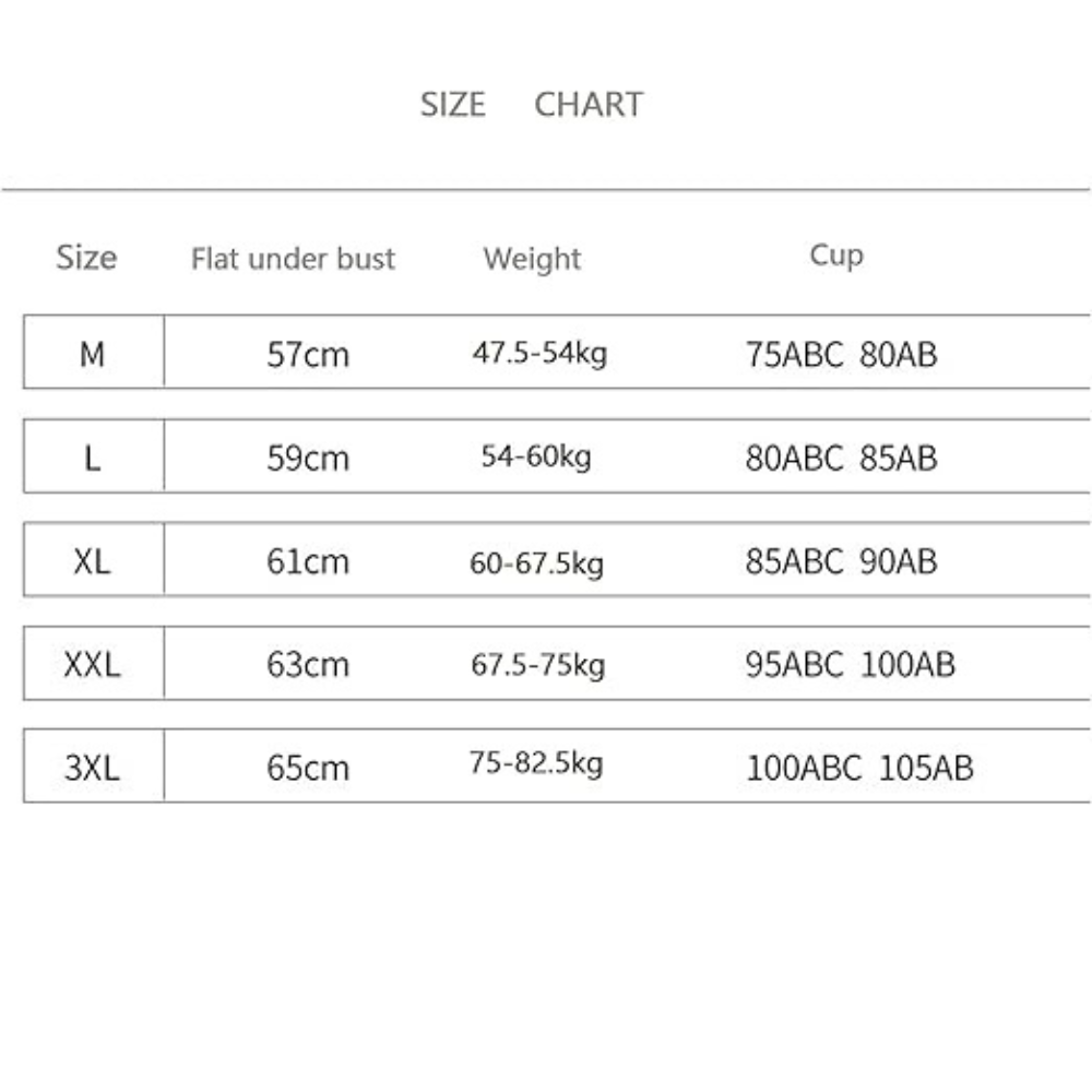 Tabla de tallas de brasier sujetador sin costura: M, L, XL, XXL, 3XL con medidas de busto, peso y copa.