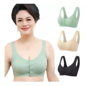 Mujer sonriente en brasier sujetador sin costura verde menta, con otros modelos en beige y negro al lado.