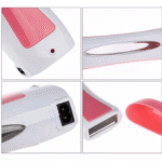 Set x2 calentador de cera roll on blanco con detalles rosas, muestra conexiones de energía y detalles del aplicador.