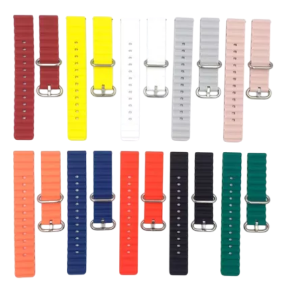 Conjunto de doce correas de silicona tipo Ocean en colores variados, con textura acanalada y hebilla metálica, dispuestas en dos filas sobre fondo blanco.