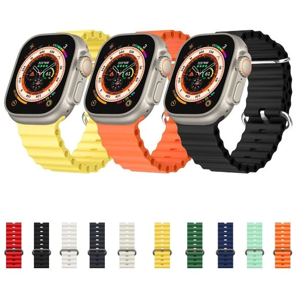 Tres relojes inteligentes con pantallas digitales y pulseras de silicona texturizada en amarillo, naranja y negro, seguidos de diez opciones de colores.